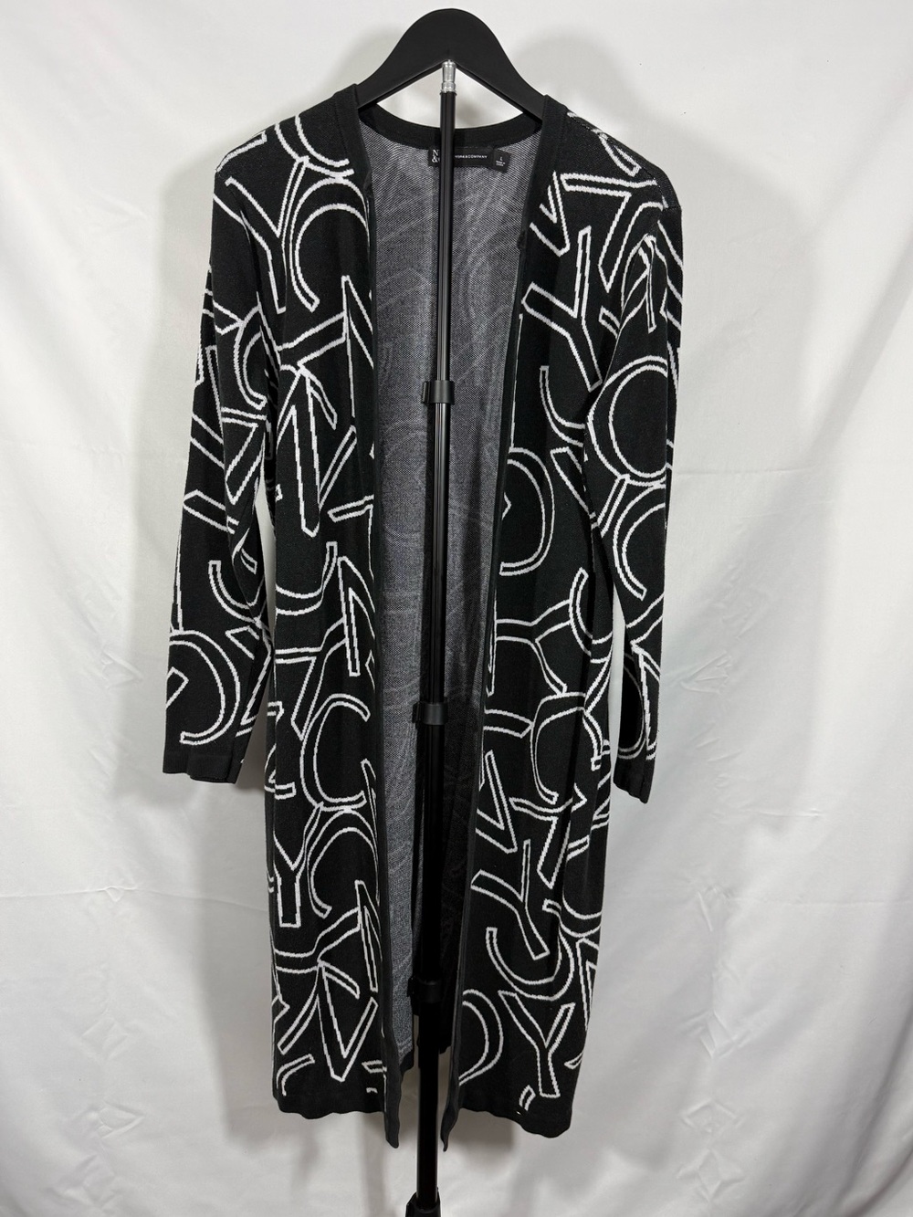 New York & Company Black White Abstract Graphic Longline Cardigan L